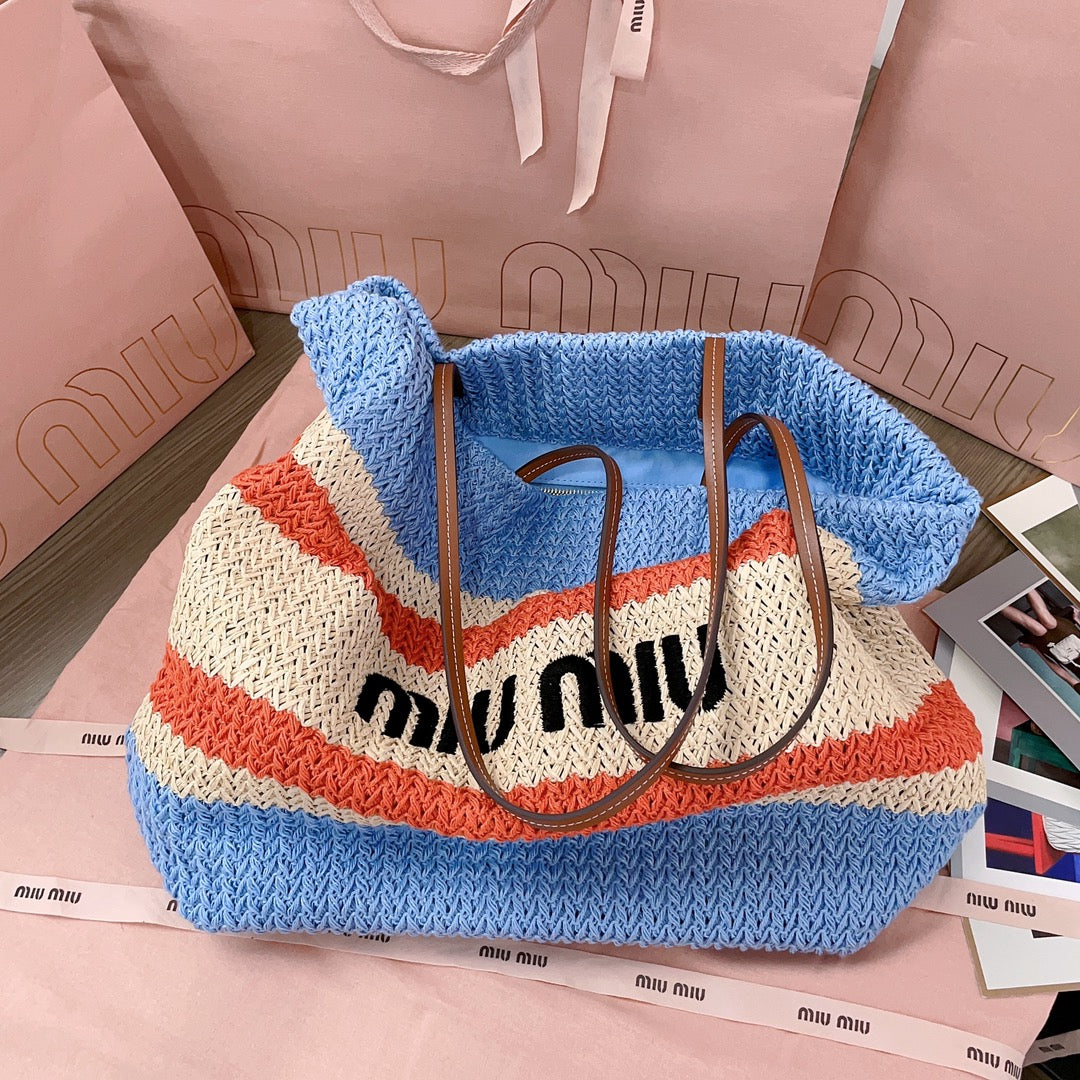 TOTE BAG 40 IN STRIPED PATTERN OF LIGHT BLUE ORANGE AND CREAM WHITE WOVEN RAFFIA House Of Sarah Bags