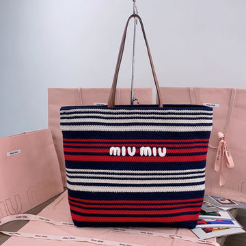 LARGE SHOPPING BAG 40 IN NATURAL MIX BLUE WOVEN RAFFIA LEATHER STRAP House Of Sarah