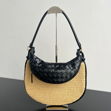 GEMELLI SHOULDER BAG 36 IN BEIGE RAFFIA AND BLACK LAMBSKIN House Of Sarah