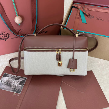 EXTRA BAG L27 IN WHITE CANVAS AND RED BROWN CALFSKIN WITH GOLD HARDWARE House Of Sarah