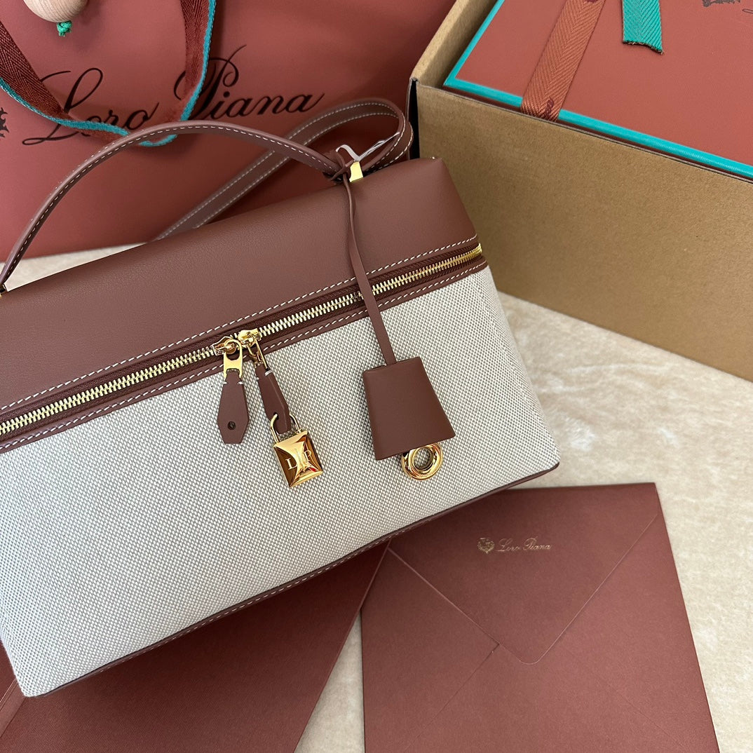 EXTRA BAG L27 IN WHITE CANVAS AND RED BROWN CALFSKIN WITH GOLD HARDWARE House Of Sarah