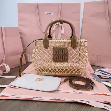 WOVEN HOLLOW BAG 24 IN BEIGE RATTAN AND BROWN CALFSKIN TRIM House Of Sarah Bags