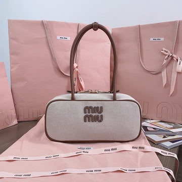BOWLING BAG 28 IN WHITE CANVAS AND BROWN CALFSKIN TRIM By House Of Sarah