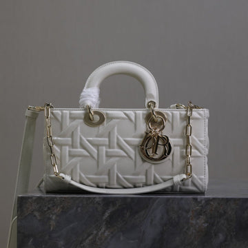 LADY D-JOY BAG 26 IN WHITE GRAPHIC CANNAGE CALFSKIN PALE GOLD-FINISH METAL CHARMS House Of Sarah Bags