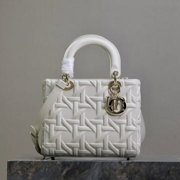 LADY BAG 24 IN WHITE GRAPHIC CANNAGE CALFSKIN PALE GOLD-FINISH METAL CHARMS House Of Sarah Bags