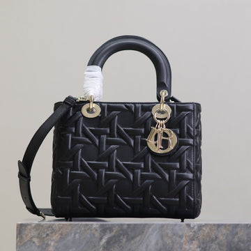 LADY BAG 24 IN BLACK GRAPHIC CANNAGE CALFSKIN PALE GOLD-FINISH METAL CHARMS House Of Sarah Bags