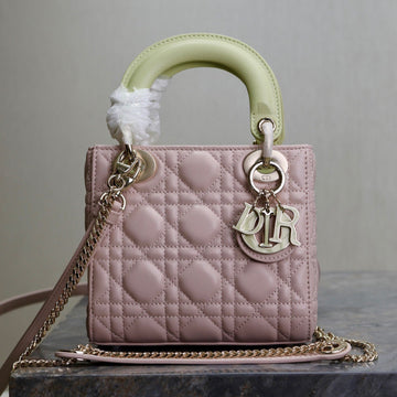 MINI LADY BAG 17 IN BABY PINK QUILTED MACROCANNAGE CALFSKIN SWAMP YELLOW STRAP By House Of Sarah