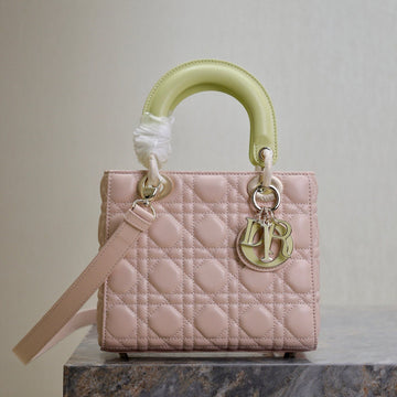 MEDIUM LADY BAG 20 IN BABY PINK QUILTED MACROCANNAGE CALFSKIN SWAMP YELLOW STRAP House Of Sarah Bags