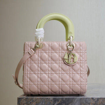 LADY BAG 24 IN BABY PINK QUILTED MACROCANNAGE CALFSKIN SWAMP YELLOW STRAP By House Of Sarah