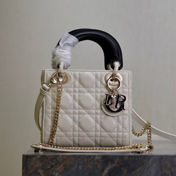 MINI LADY BAG 17 IN WHITE QUILTED MACROCANNAGE CALFSKIN BLACK STRAP By House Of Sarah