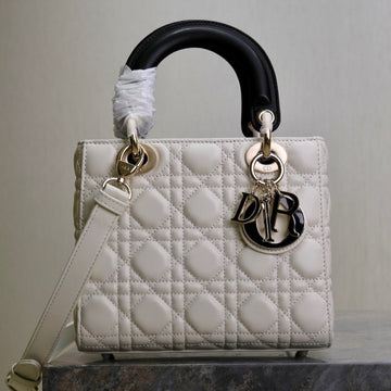 LADY BAG 20 IN WHITE QUILTED MACROCANNAGE CALFSKIN BLACK STRAP By House Of Sarah