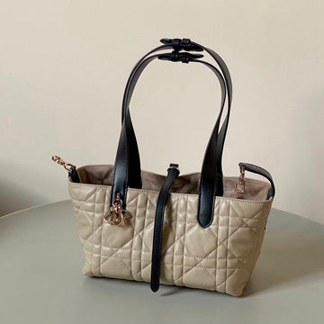 MINI TOUJOURS BAG 23 IN BEIGE CANNAGE CALFSKIN BLACK STRAP House Of Sarah Bags