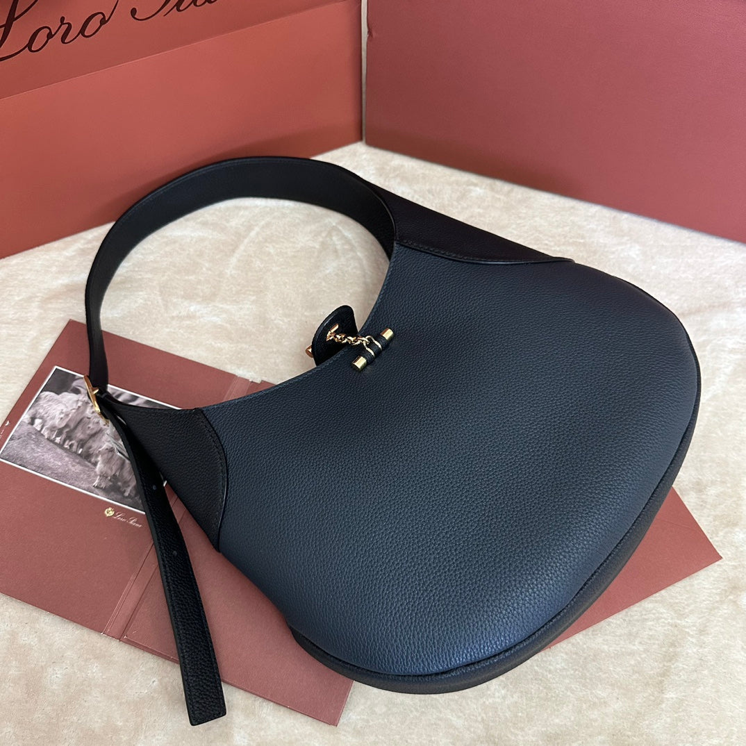 BOHouse Of SarahIN SHOULDER BAG 32 IN PRUSSIAN BLUE MIX BLACK CALFSKIN WITH GOLD HARDWARE