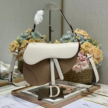 SADDLE BAG 25 WITH STRAP LATTE WHITE MIX MEDIUM BROWN GRAINED CALFSKIN By House Of Sarah