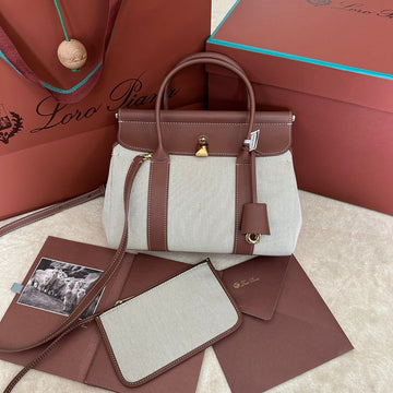 LOOM BAG 25 IN UMBER BROWN CALFSKIN WITH BEIGE LINEN GOLD HARDWARE by House Of Sarah
