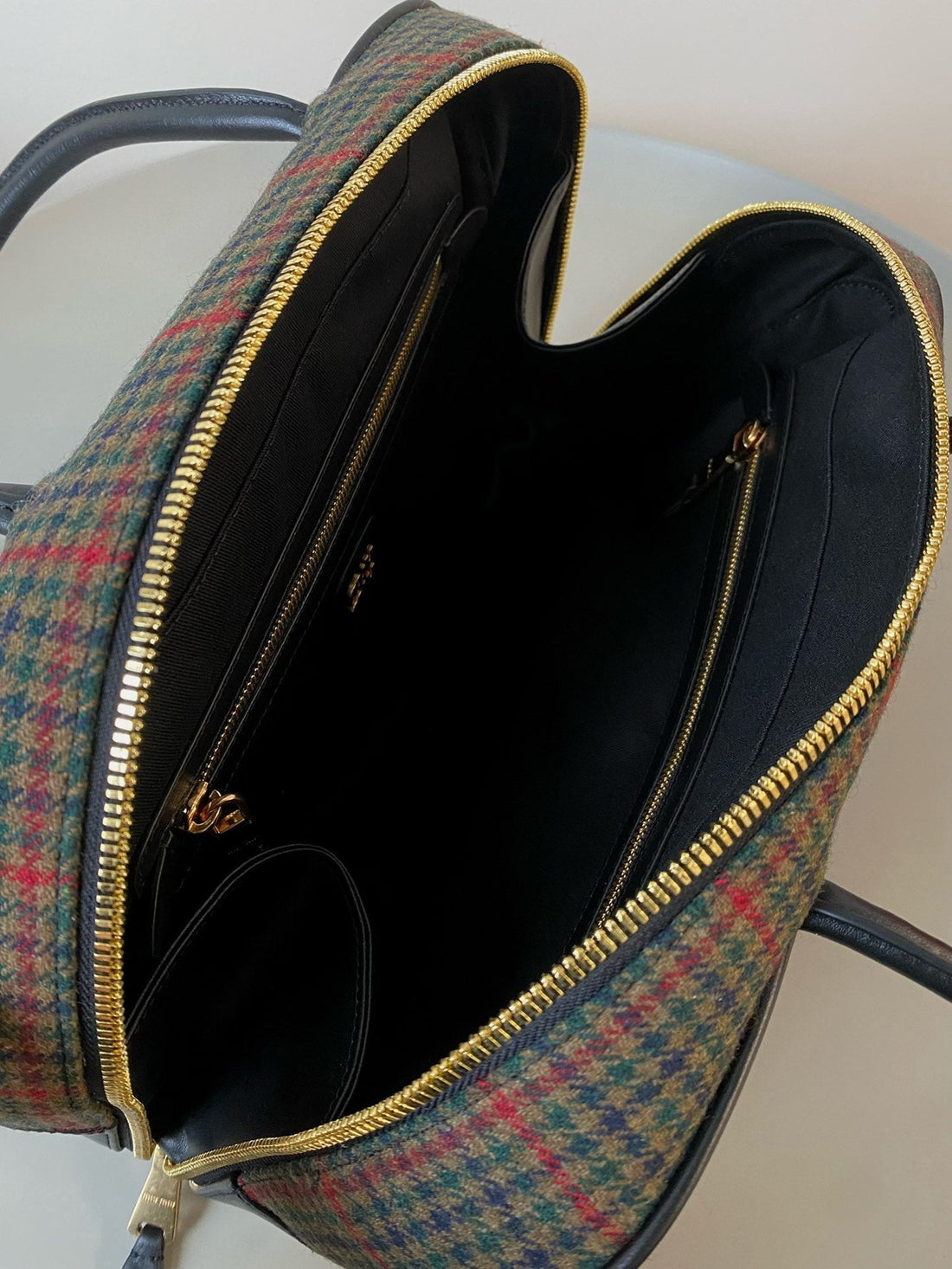 BEAU TOP HANDLE BAG 34 IN LODEN GREEN TARTAN AND BLACK LEATHER TRIM House Of Sarah