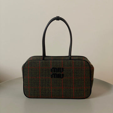 BEAU TOP HANDLE BAG 34 IN LODEN GREEN TARTAN AND BLACK LEATHER TRIM House Of Sarah