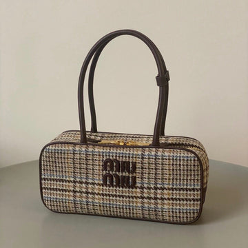 BEAU TOP HANDLE BAG 27 IN BEIGE TARTAN AND COCOA BROWN LEATHER TRIM By House Of Sarah