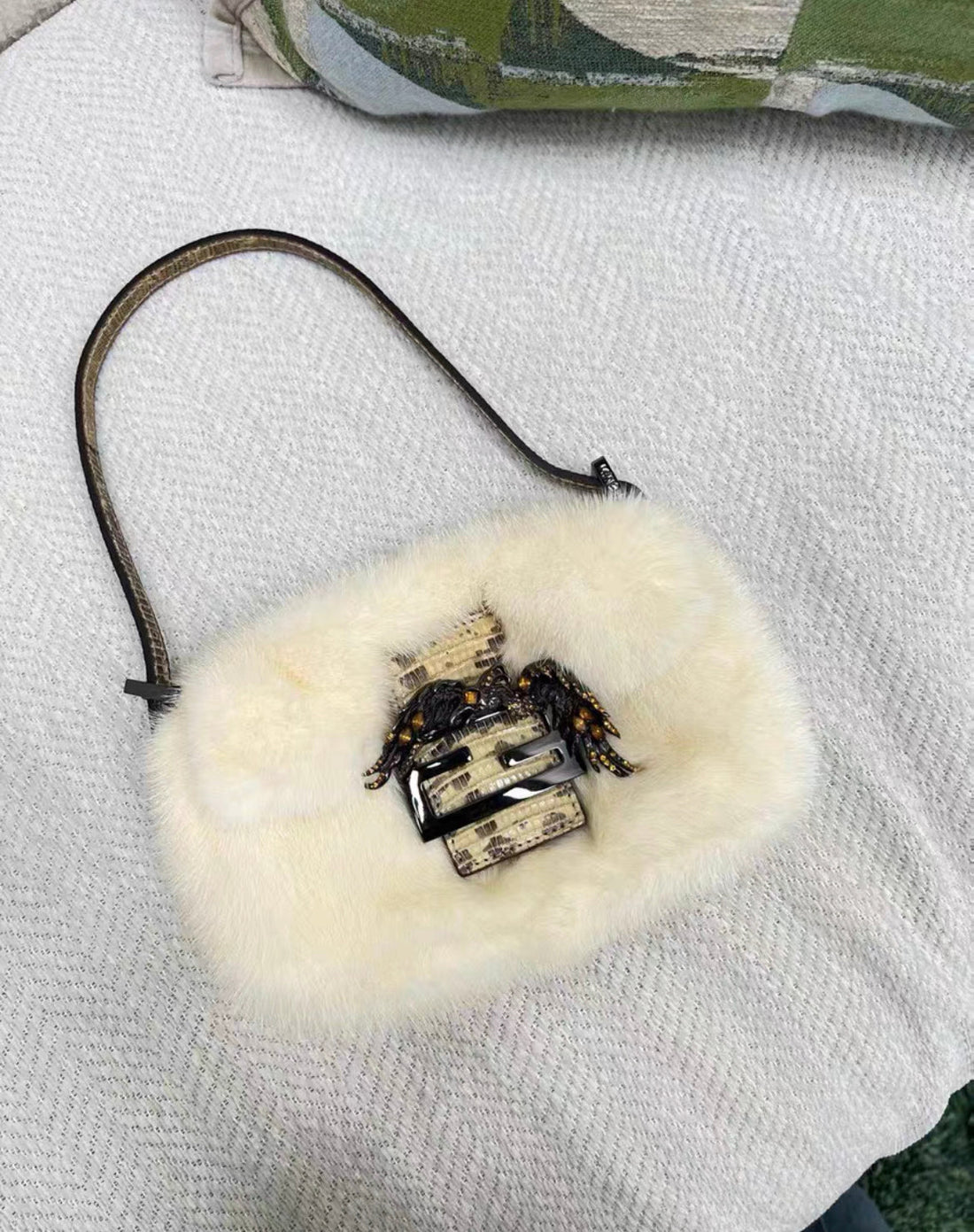 Rare   Fendi Baguette Bag Fur with Lizard and Crystals Birds