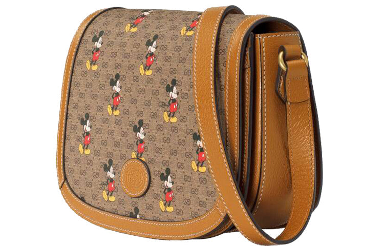 (WMNS) GUCCI x Disney Crossover Mickey Mo  Printing Logo Leather Logo Canvas Saddle Bag Shoulder Messenger Bag Small Unisex Ebony / Brown 602694-HWUBM-8559