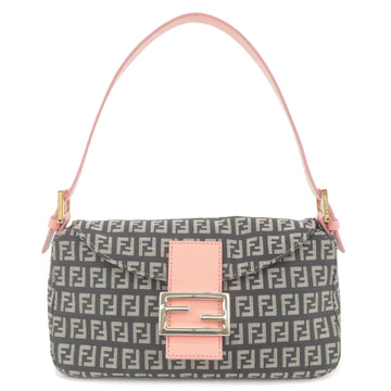 FENDI Zucchino Mamma Baguette Canvas Leather Bag Black Pink 8BR003