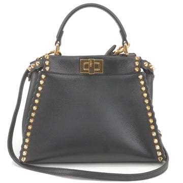 FENDI Studs Mini Peekaboo Leather 2Way Hand Bag Black 8BN244