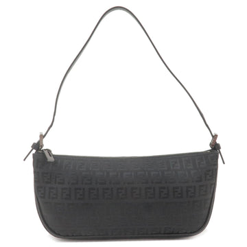 FENDI Zucchino Canvas Leather Shoulder Bag Black 8BR1444