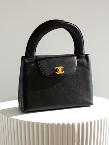 Chanel   1998 Kelly Black Caviar Leather 24K Gold Top Handle Bag