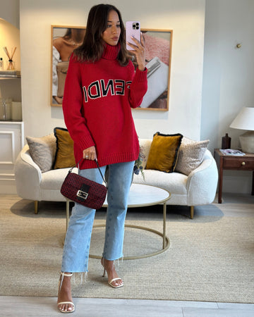 Fendi   Red, Black Monogram FF Baguette Bag with Silver Hardware