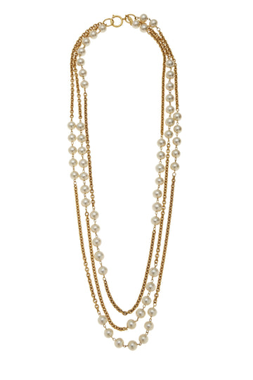 Chanel,  Gold & Faux Pearl Necklace XL, Gold