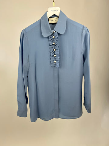 Gucci Blue Silk Ruffle Blo  with Pearl Buttons Size