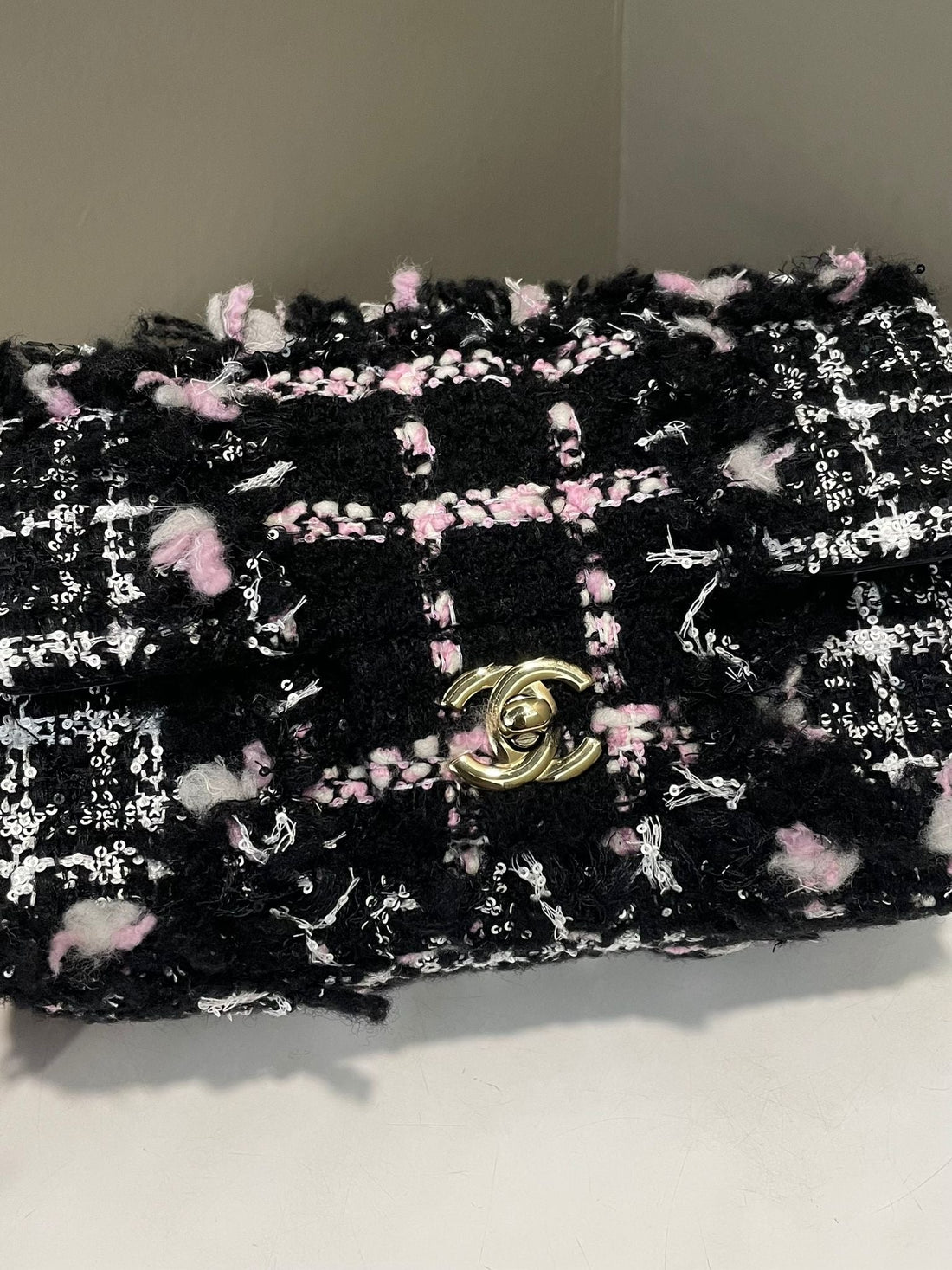 Chanel 23K Classic Sequin Tweed Mini Rectangular Black / White / Pink