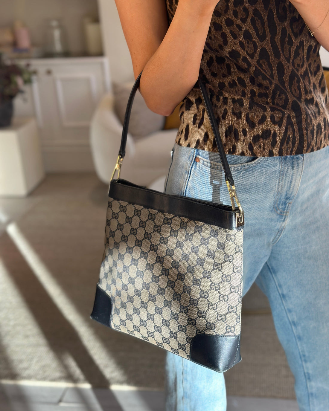* * Gucci Black Monogram Shoulder Bag with Silver Hardware