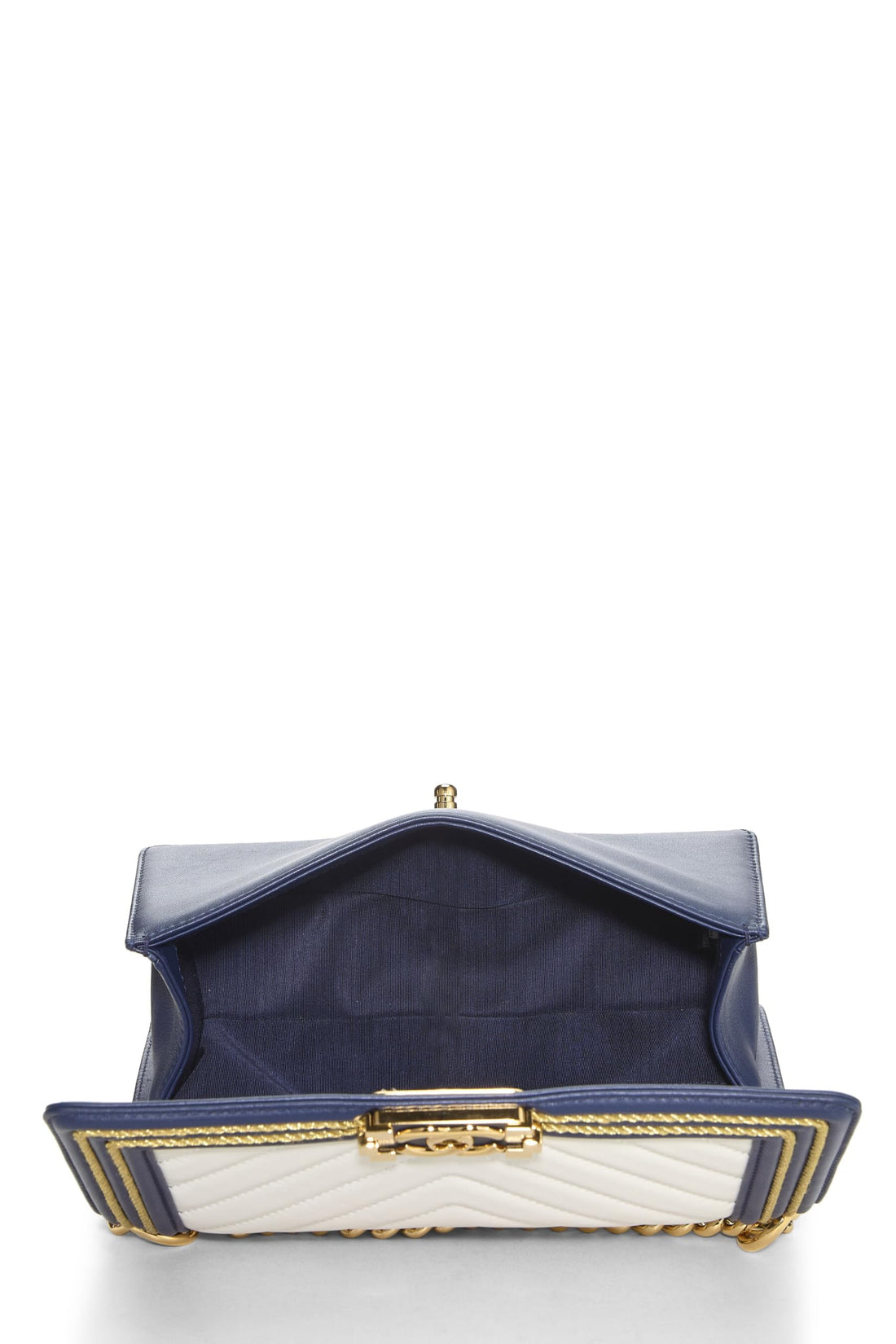 Chanel,  Navy Chevron Calfskin Border Boy Bag Medium, Navy