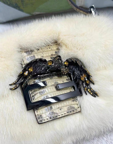 Rare   Fendi Baguette Bag Fur with Lizard and Crystals Birds