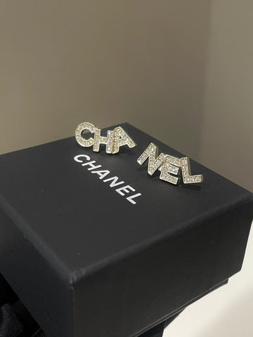 Chanel 20K "CHA NEL" Earring Rhinestone