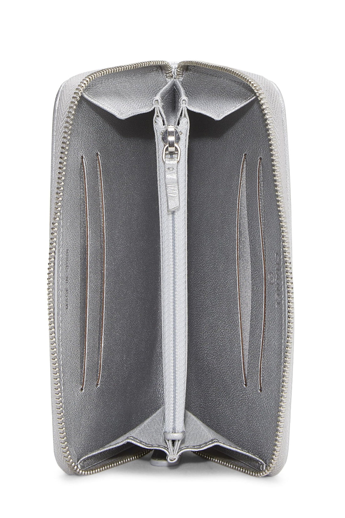 Chanel,  Silver Lambskin Mademoiselle   Zippy, Silver