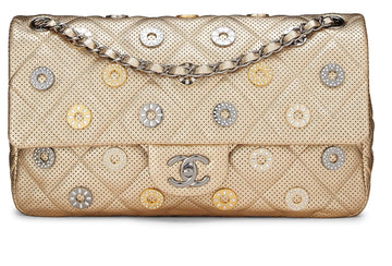 Chanel,  Paris-Dubai Gold Perforated Leather Medals Flap Jumbo, Gold