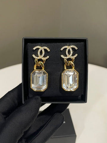 Chanel 21C CC Crystal Chain Drop Earrings