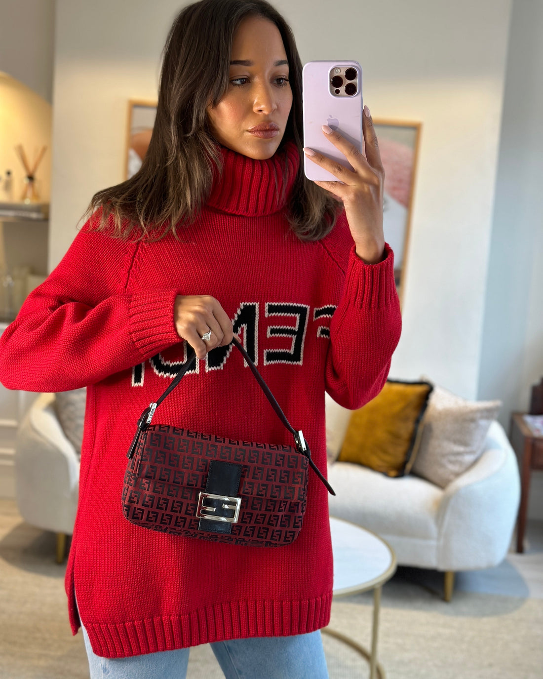 Fendi   Red, Black Monogram FF Baguette Bag with Silver Hardware