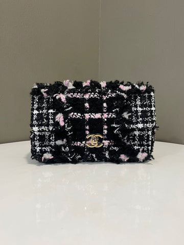 Chanel 23K Classic Sequin Tweed Mini Rectangular Black / White / Pink