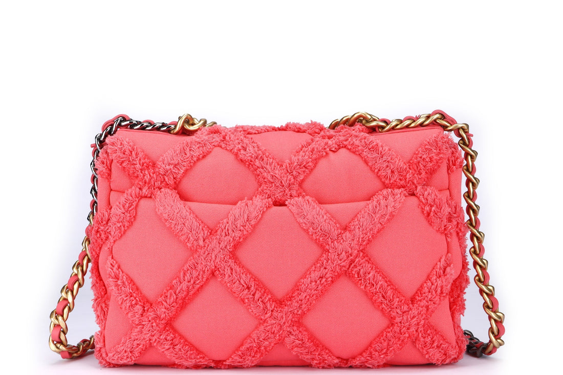 CHANEL 19 (3069xxxx) COTTON CANVAS GOLD-TONE, SILVER-TONE & RUTHENIUM METAL, CORAL COLOR, WITH  & DUST COVER