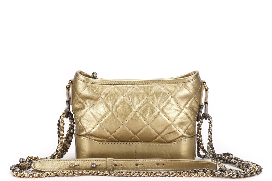 CHANEL GABRIELLE MINI METALLIC GOLD CALF LEATHER SLING BAG (2366xxxx), WITH DUST COVER, NO