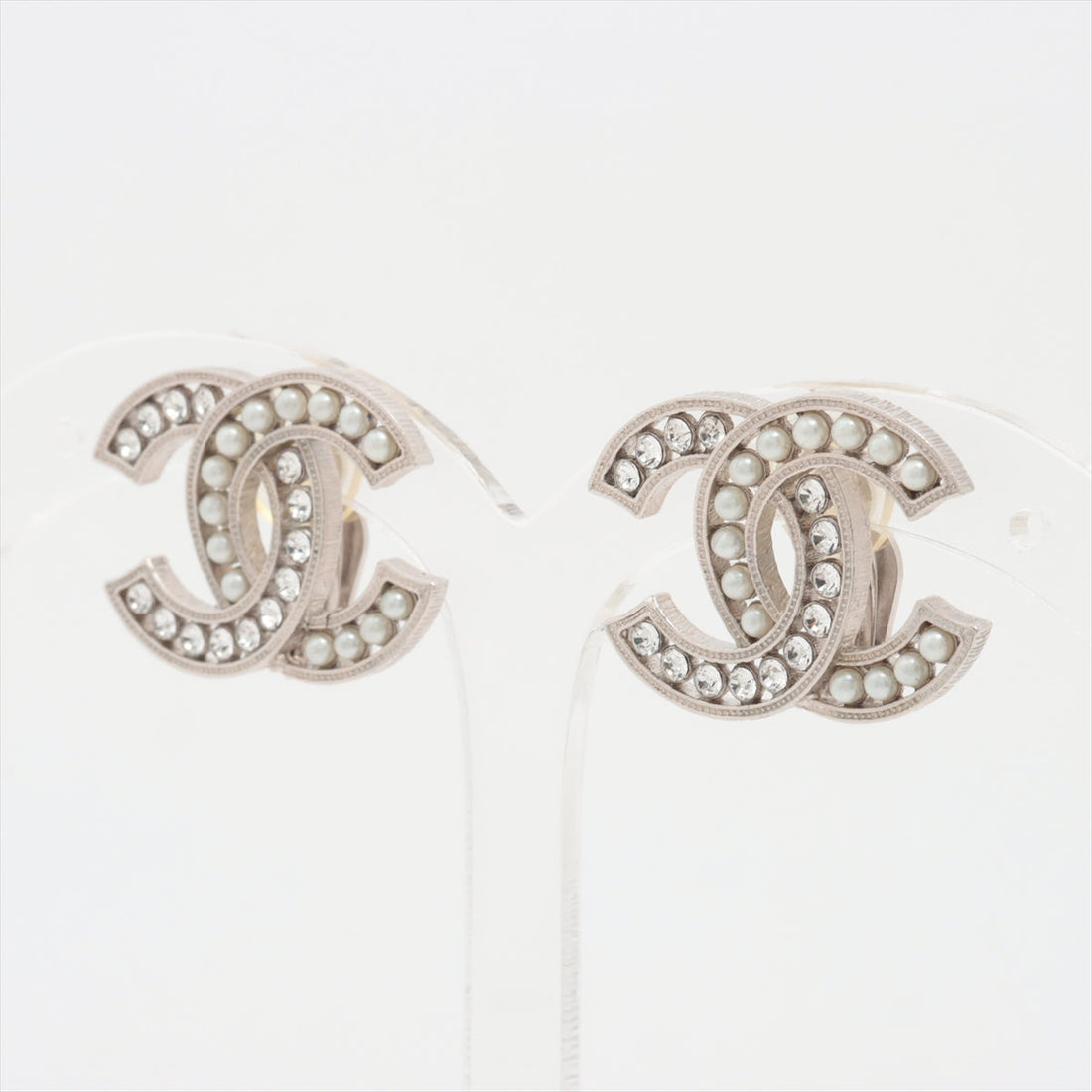 Chanel Coco Rhinestone Pearl Silver Clip On Earrings Costume Jewellery