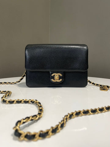 Chanel 24K Mini Flap Bag  Black Grained Caviar Leather