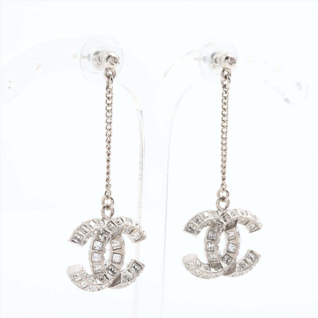 Chanel Coco Logo Silver Double sided Rhinestone Drop Earrings Costume Jewellery