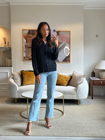 Gucci Navy Long Sleeve Stretch Shirt with Pearl Button Details IT 42 (UK 10)