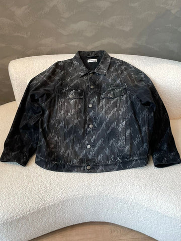 Balenciaga All Over Logo Oversized Jacket Black Grey Denim