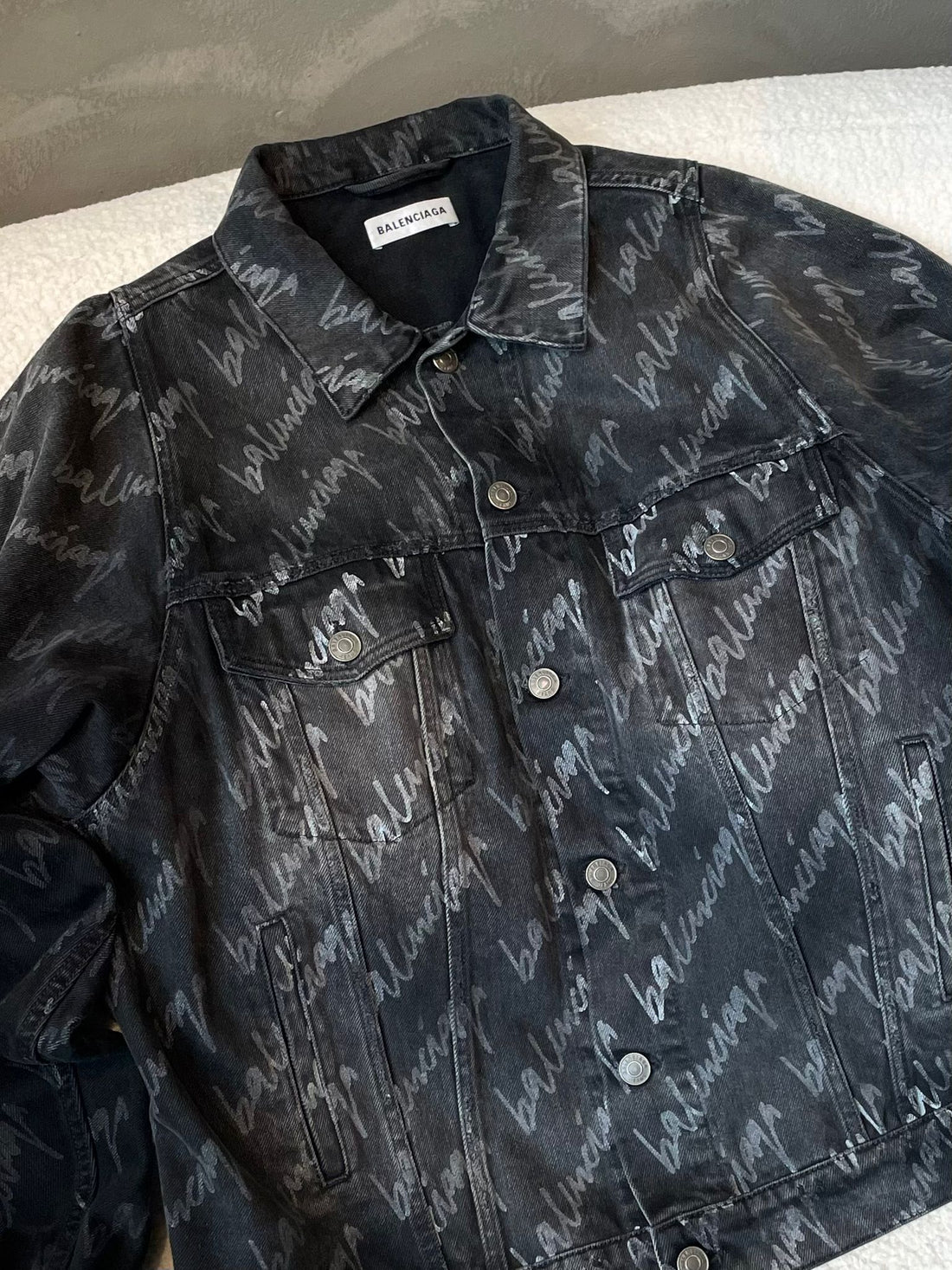Balenciaga All Over Logo Oversized Jacket Black Grey Denim
