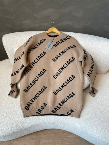 Balenciaga Allover Logo Sweater Brown Tan Beige/ Black